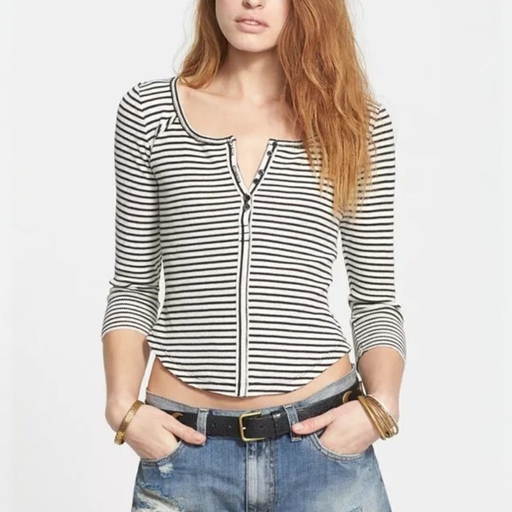 Free People We The Free Stars Stripes Henley White/Black Stripe Thermal Top M